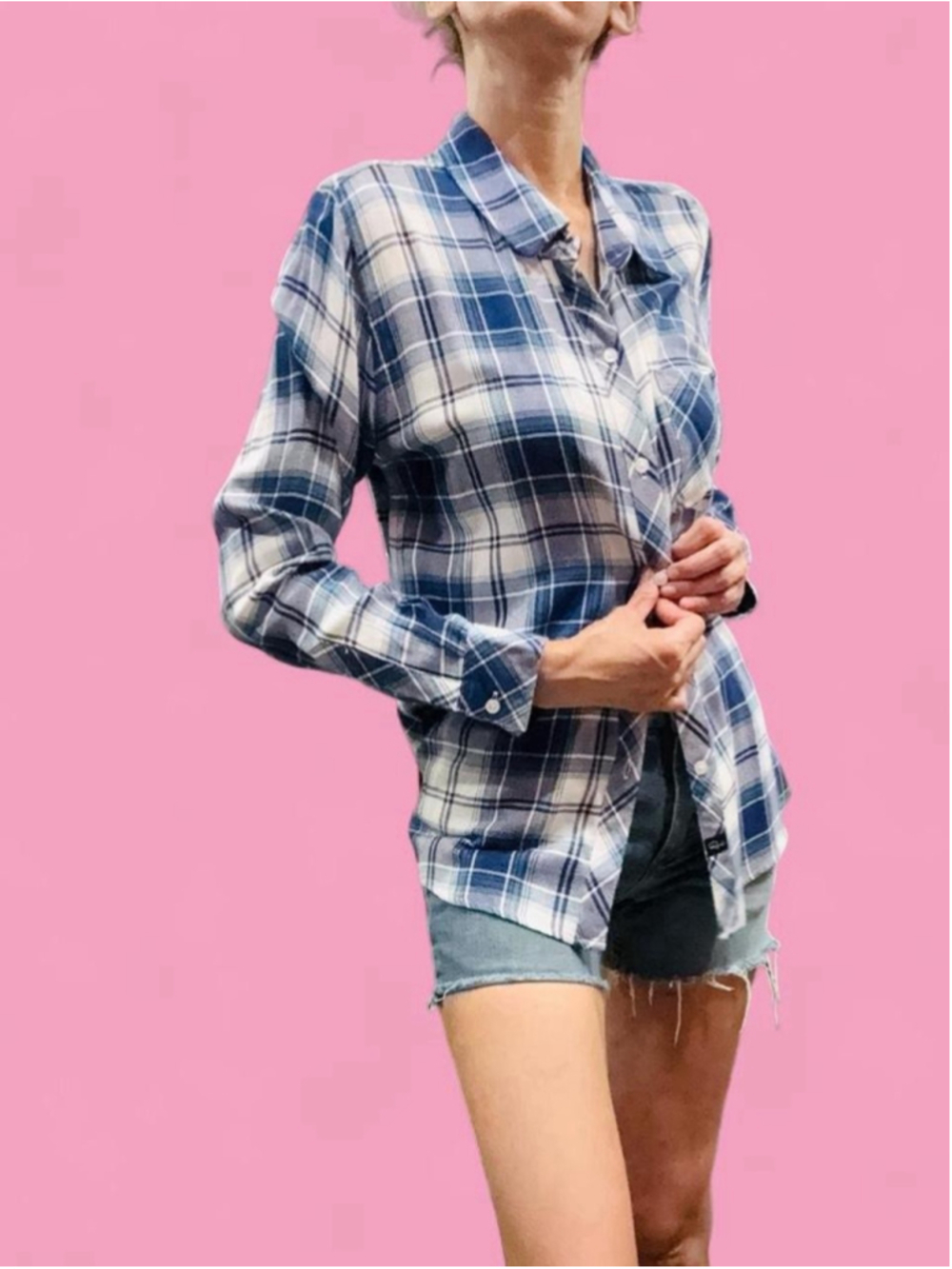 Rails Blue White Plaid Button Up Shirt Small 100% Rayon Long Sleeve